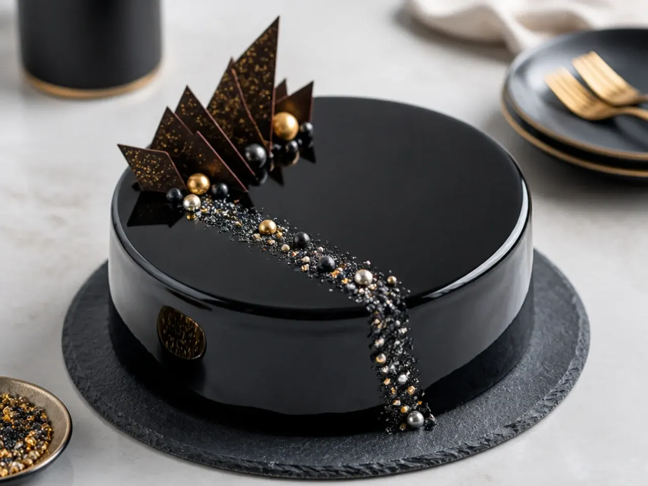 Glossy black mirror glaze birthday cake with a reflective obsidian-like surface