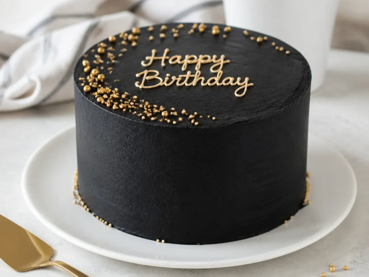 Simple black buttercream birthday cake with a smooth matte finish and gold sprinkles