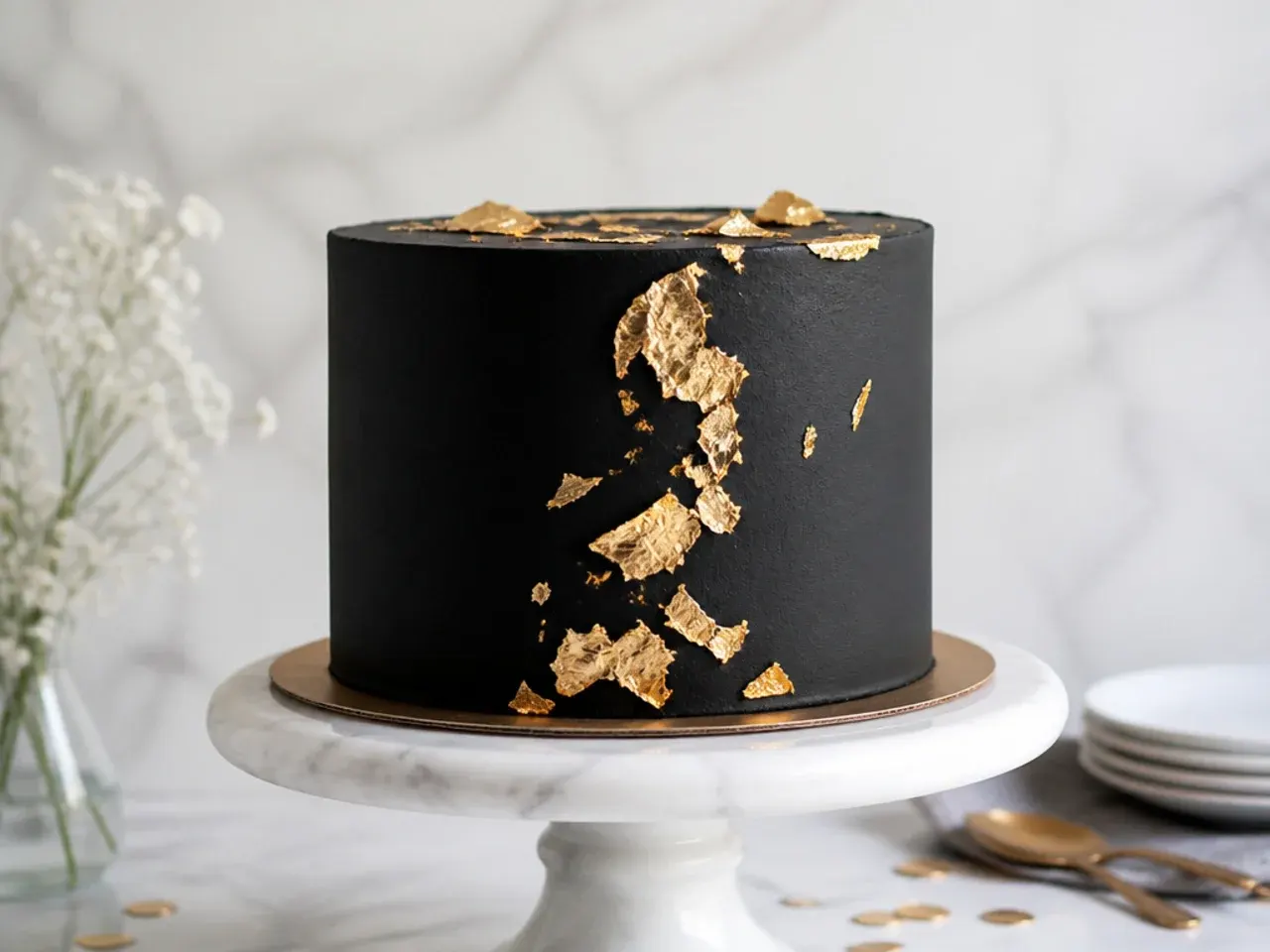 Elegant black birthday cake decorated with edible gold leaf accents