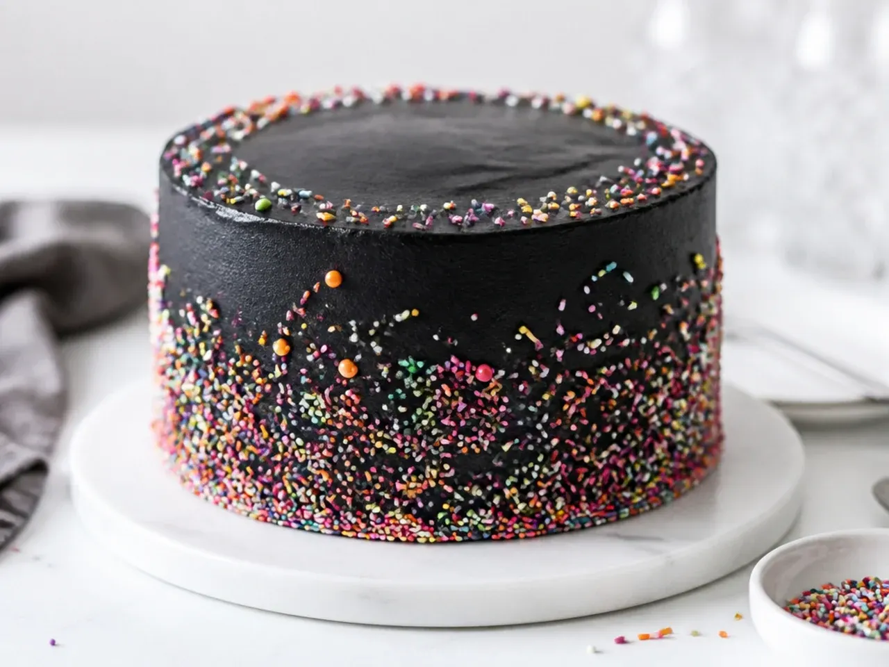 Playful black birthday cake covered in bright rainbow sprinkles