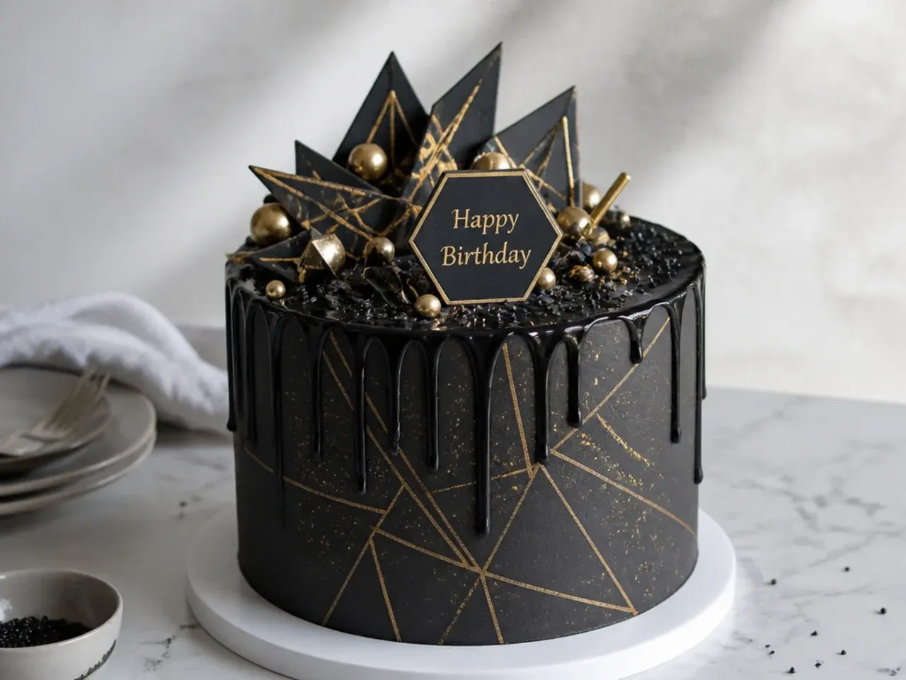 Modern black geometric birthday cake with metallic accents and a ganache drip