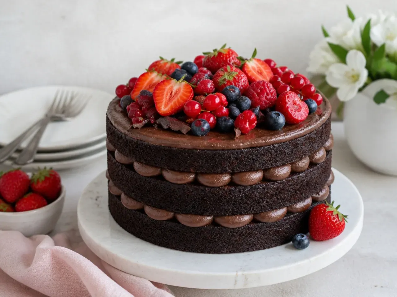 Rustic naked black cocoa birthday cake topped with fresh berries