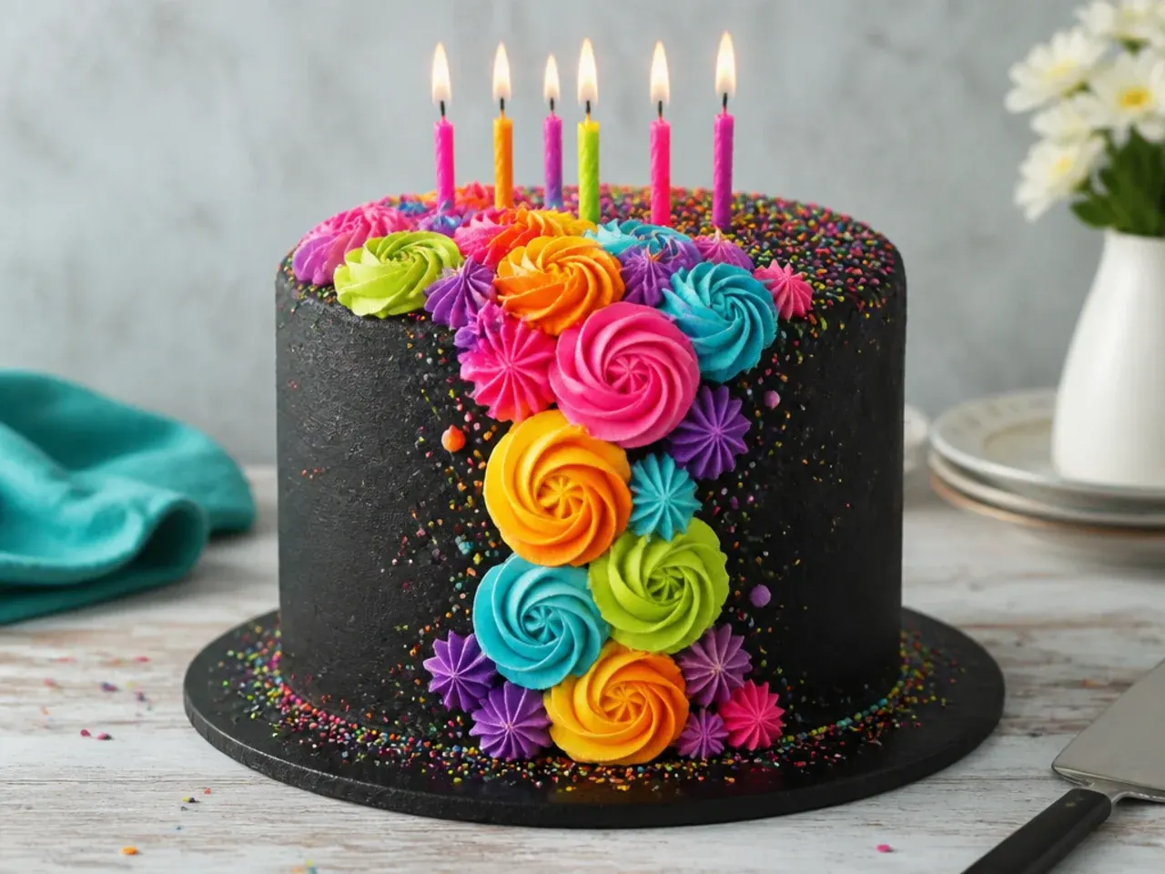 Colorful black birthday cake with vivid neon buttercream rosettes