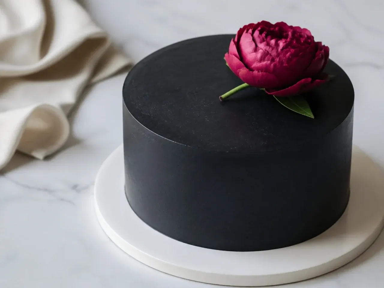Minimalist smooth black birthday cake topped with a single fresh bloom