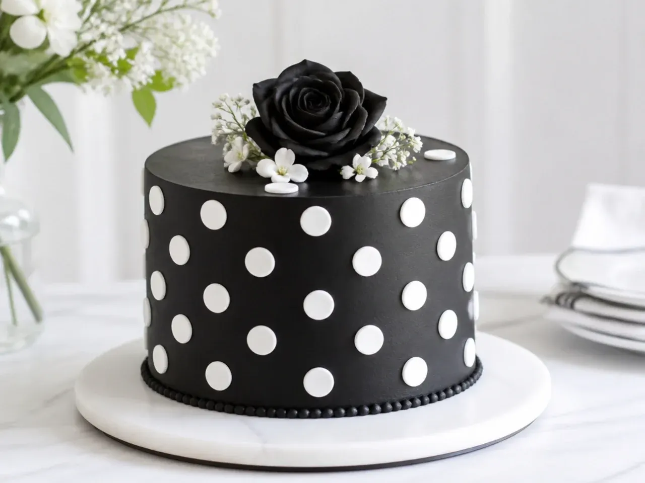 Festive black birthday cake decorated with crisp white polka dots
