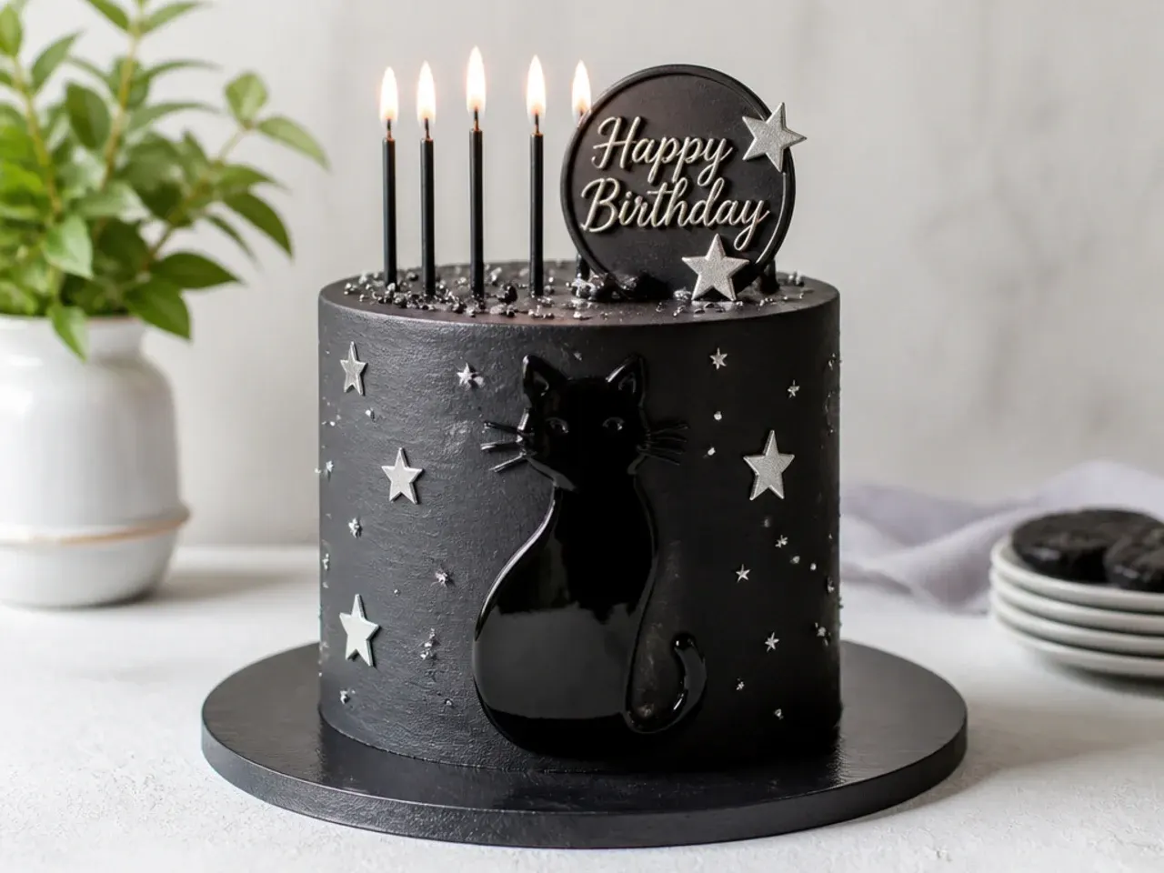 Whimsical black birthday cake with a glossy cat silhouette and silver stars
