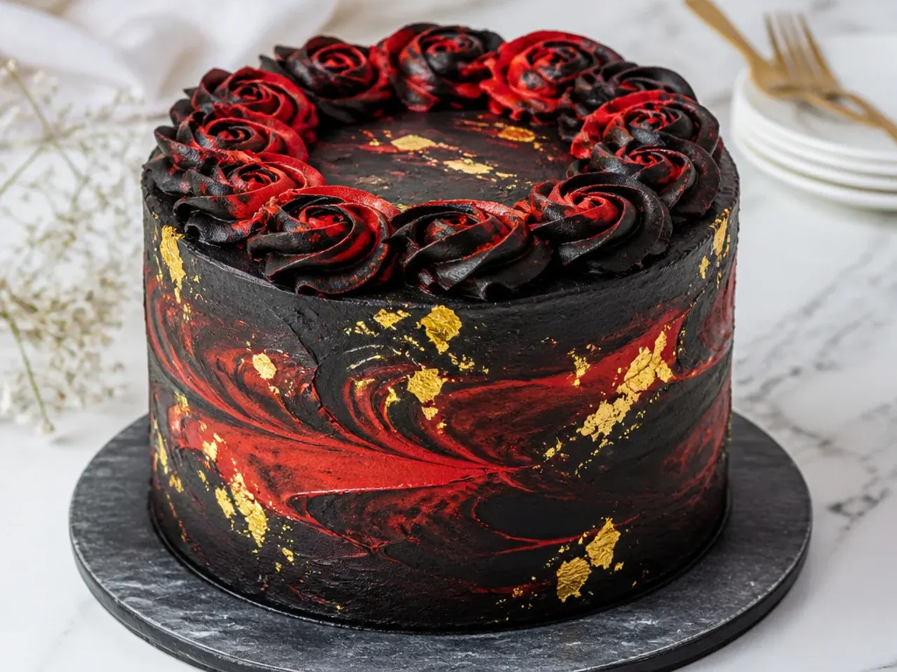 Bold black and red marbled buttercream birthday cake with gold leaf flecks