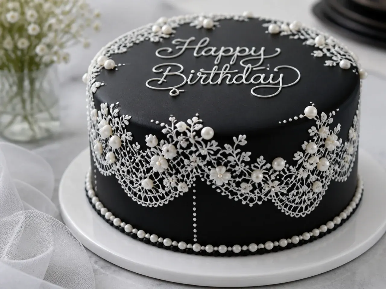 Delicate black birthday cake with white piped lace and edible sugar pearls