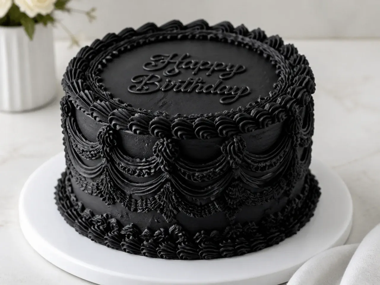 Vintage black Lambeth-style birthday cake with intricate overpiped scrolls