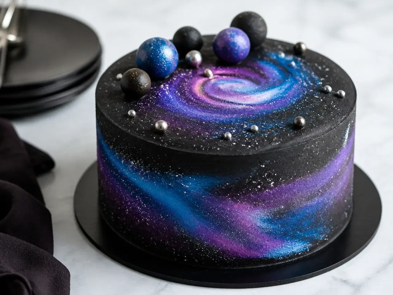 Creative black galaxy birthday cake swirled with purple and blue nebula tones