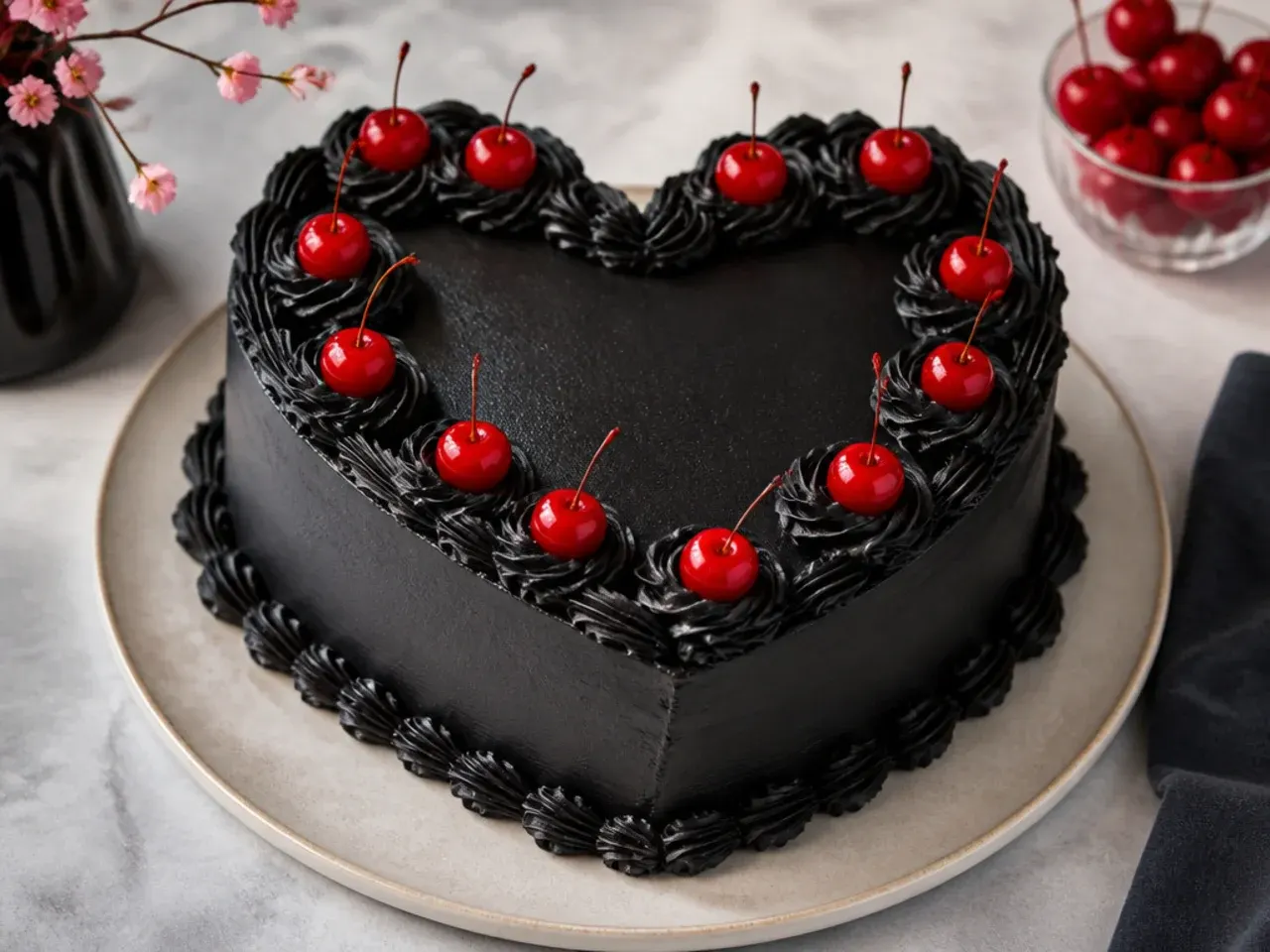 Charming black heart-shaped birthday cake topped with glossy red cherries