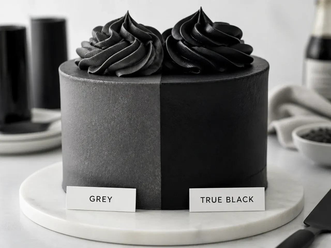 Side-by-side of grey and true black frosting showing a common black cake mistake