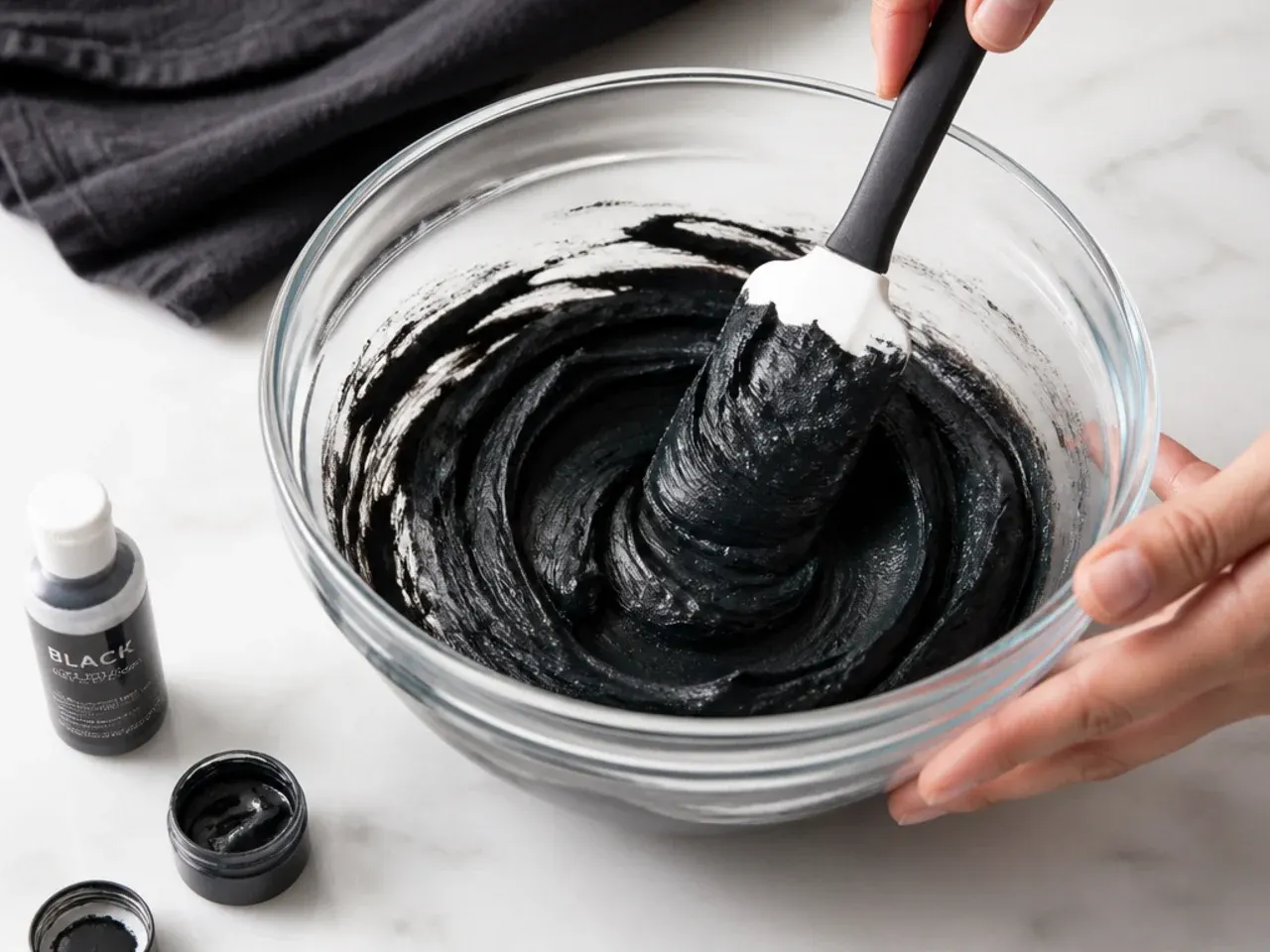 black cake decoration — step 1: mix a true-black buttercream base