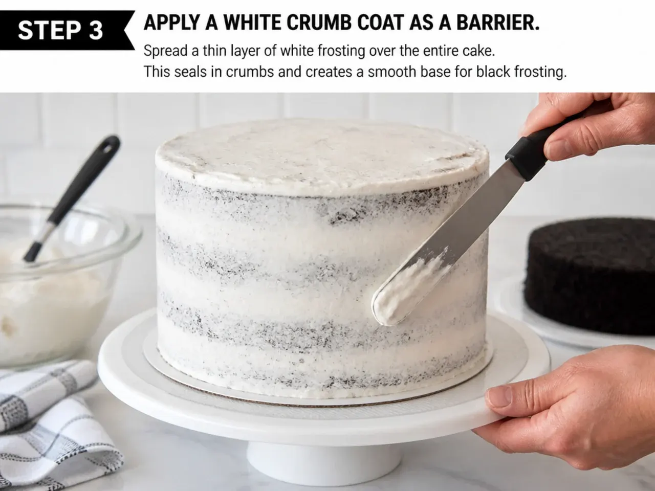 black cake decoration — step 3: apply a white crumb coat as a barrier
