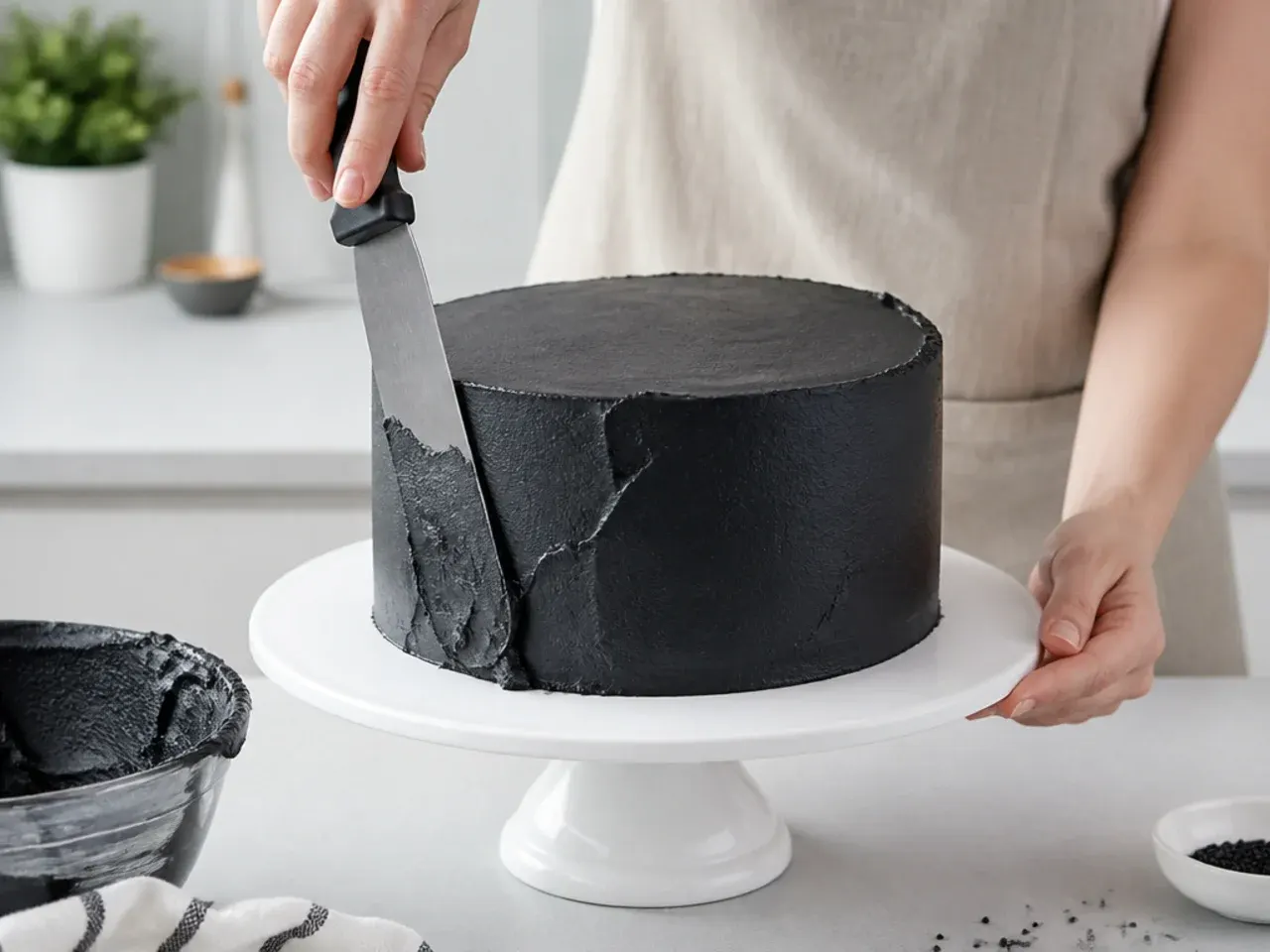 black cake decoration — step 4: coat the cake in black buttercream