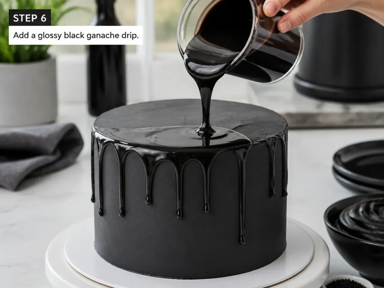 black cake decoration — step 6: add a glossy black ganache drip