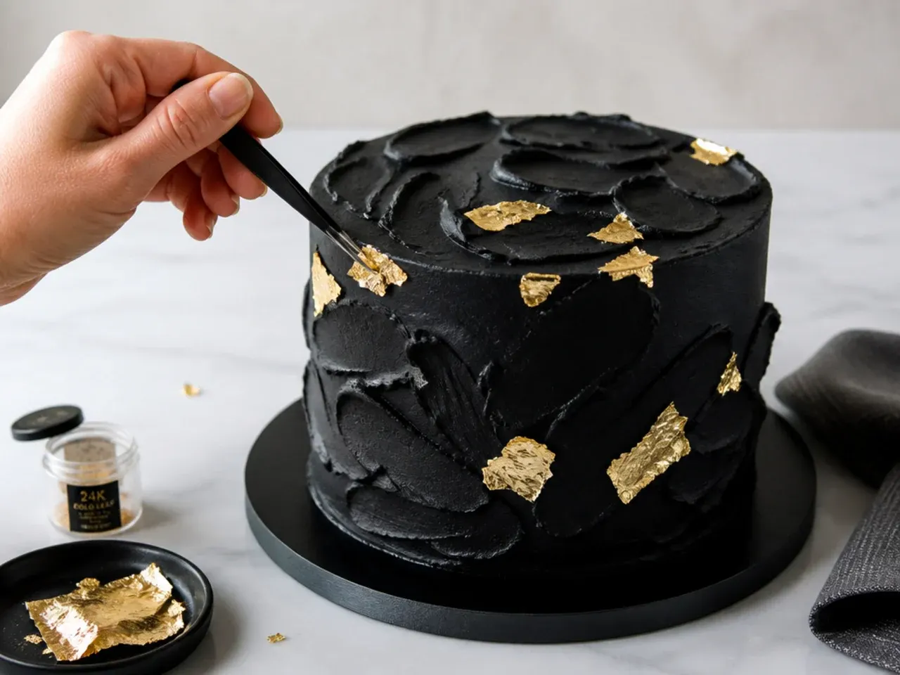black cake decoration — step 7: finish with edible gold leaf accents