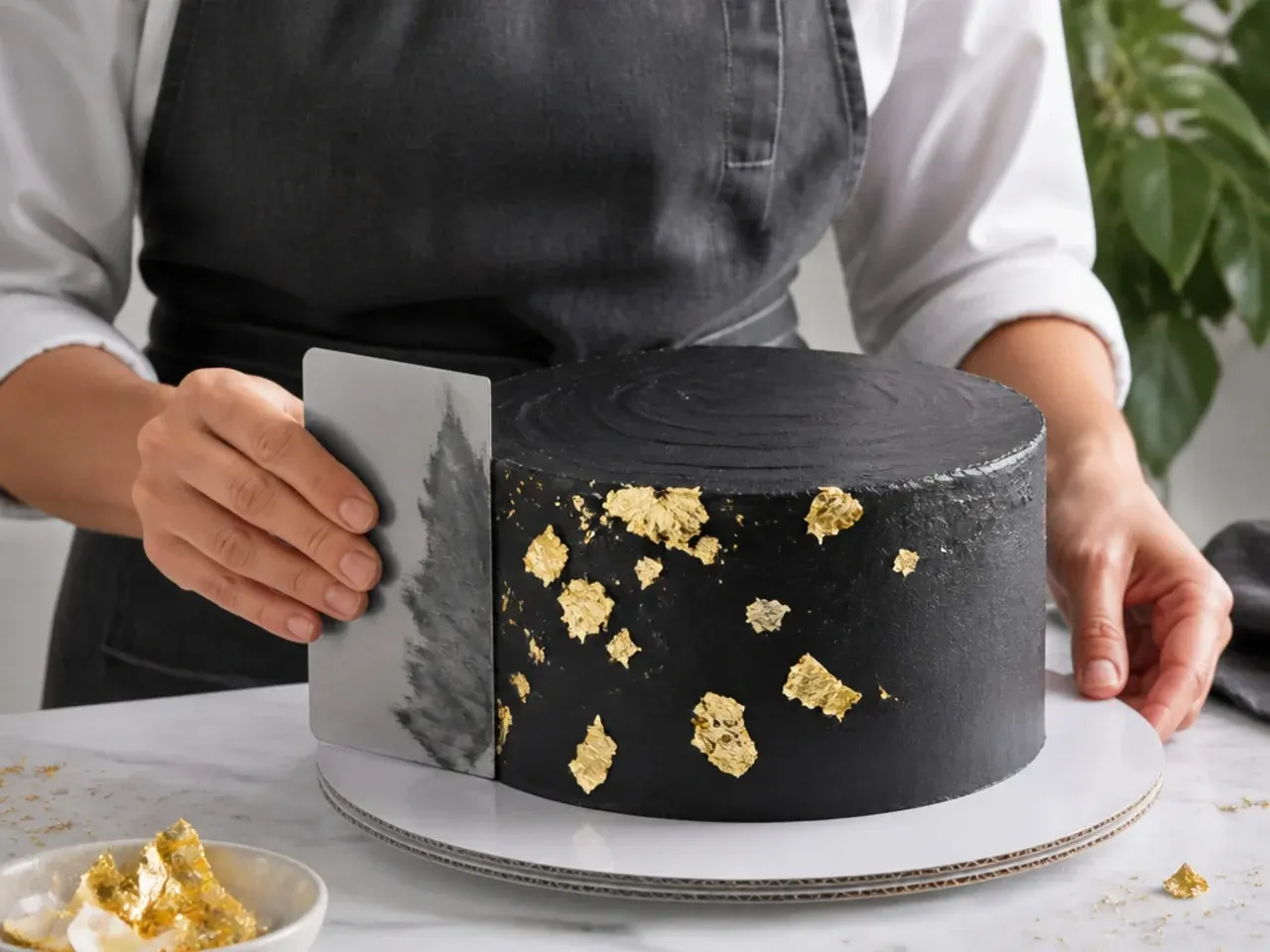 Pro tips for a smooth black cake decoration with a bench scraper and gold leaf