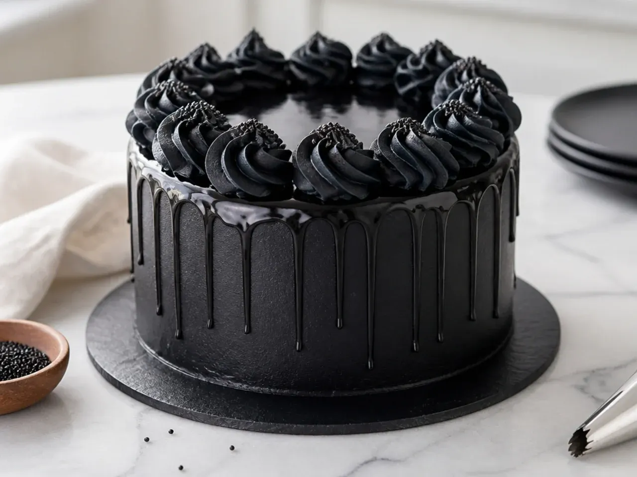 Storing and making a decorated black cake ahead with a glossy ganache drip
