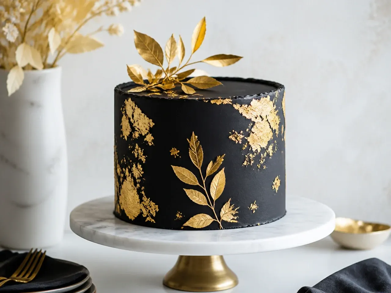 Elegant black and gold leaf cake design on a marble stand