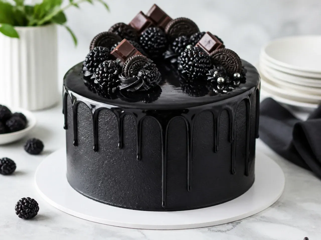 Glossy black chocolate drip cake design with dark ganache