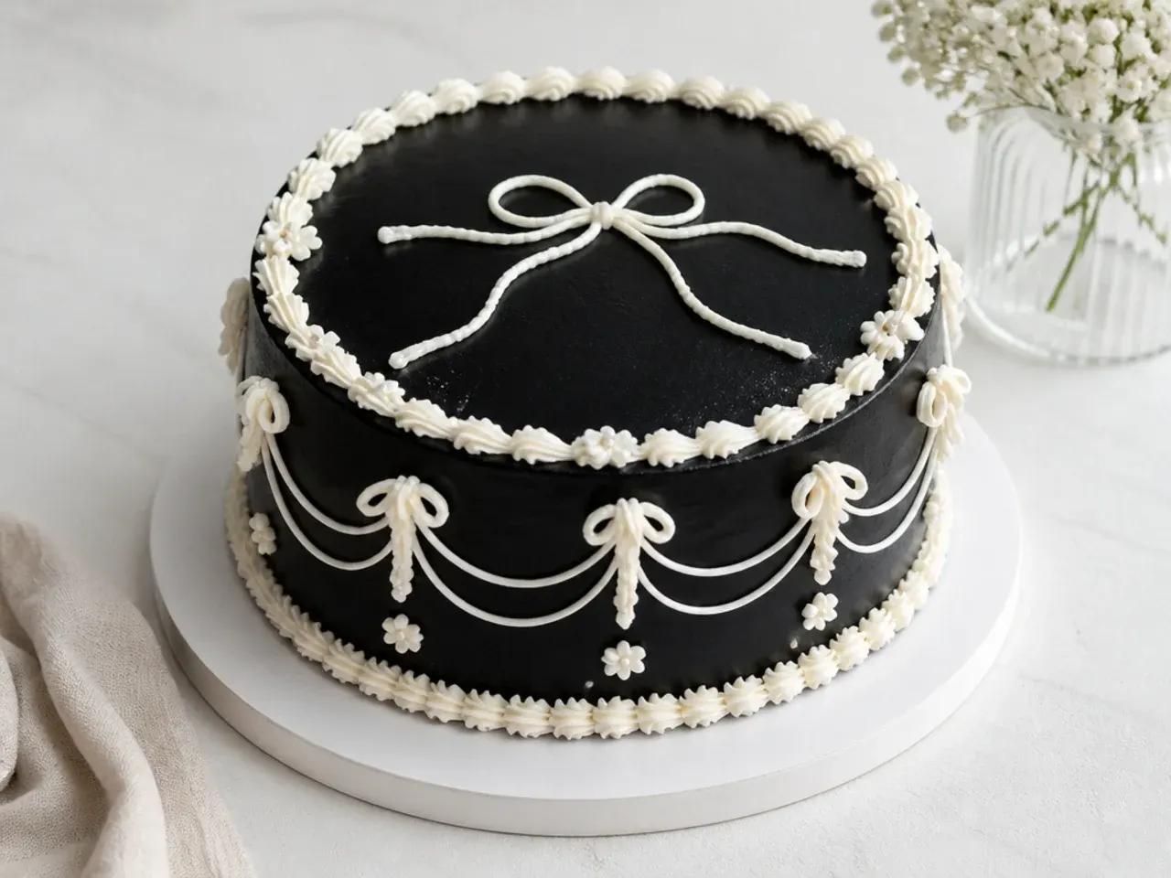 Classic black cake design with crisp white piped details