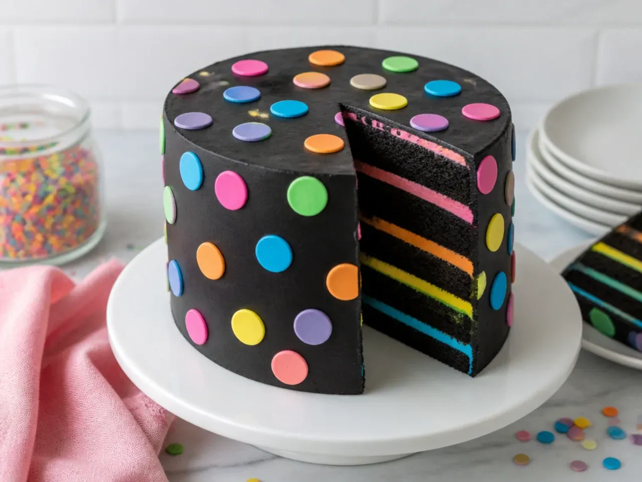 Playful black confetti polka-dot cake design in bright colors