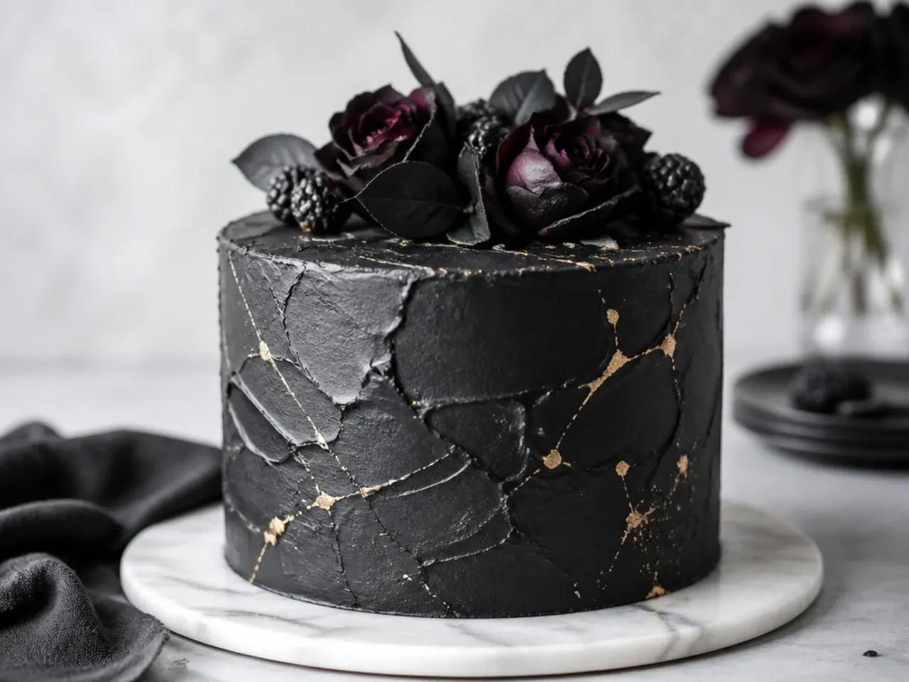 Modern palette-knife textured black buttercream cake design