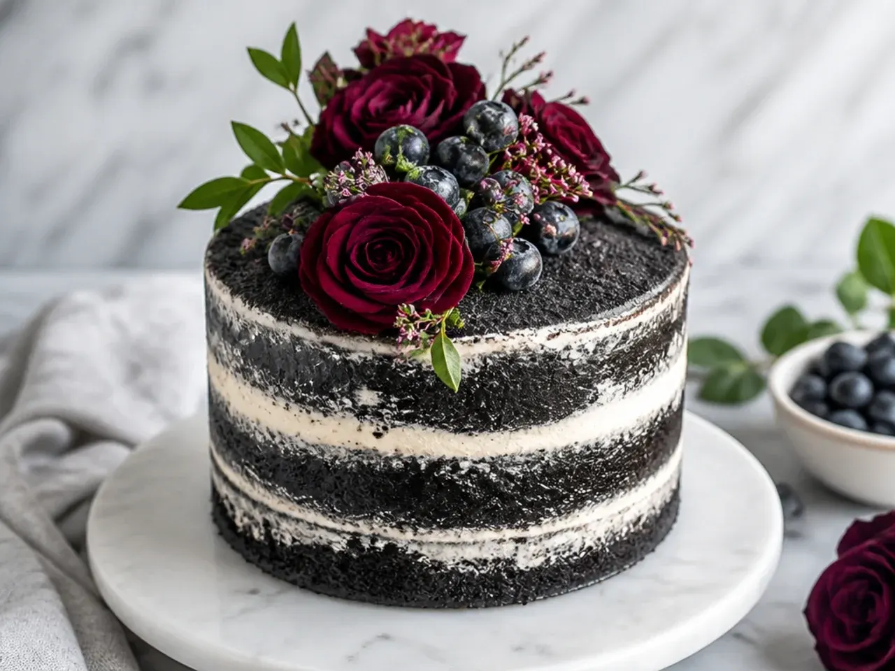Rustic semi-naked black cake design with exposed dark crumb