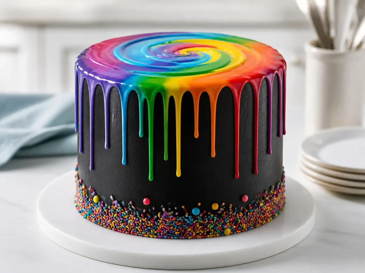 Colorful rainbow drip cake design over a black base