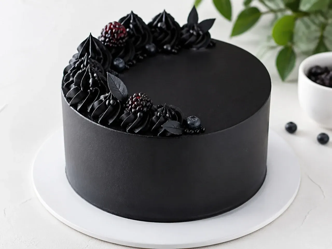 Minimal matte black monochrome cake design with smooth finish