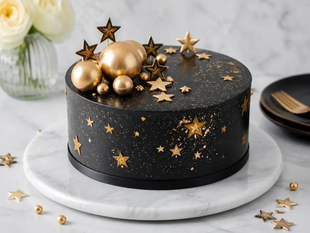 Festive black and gold cake design with painted stars