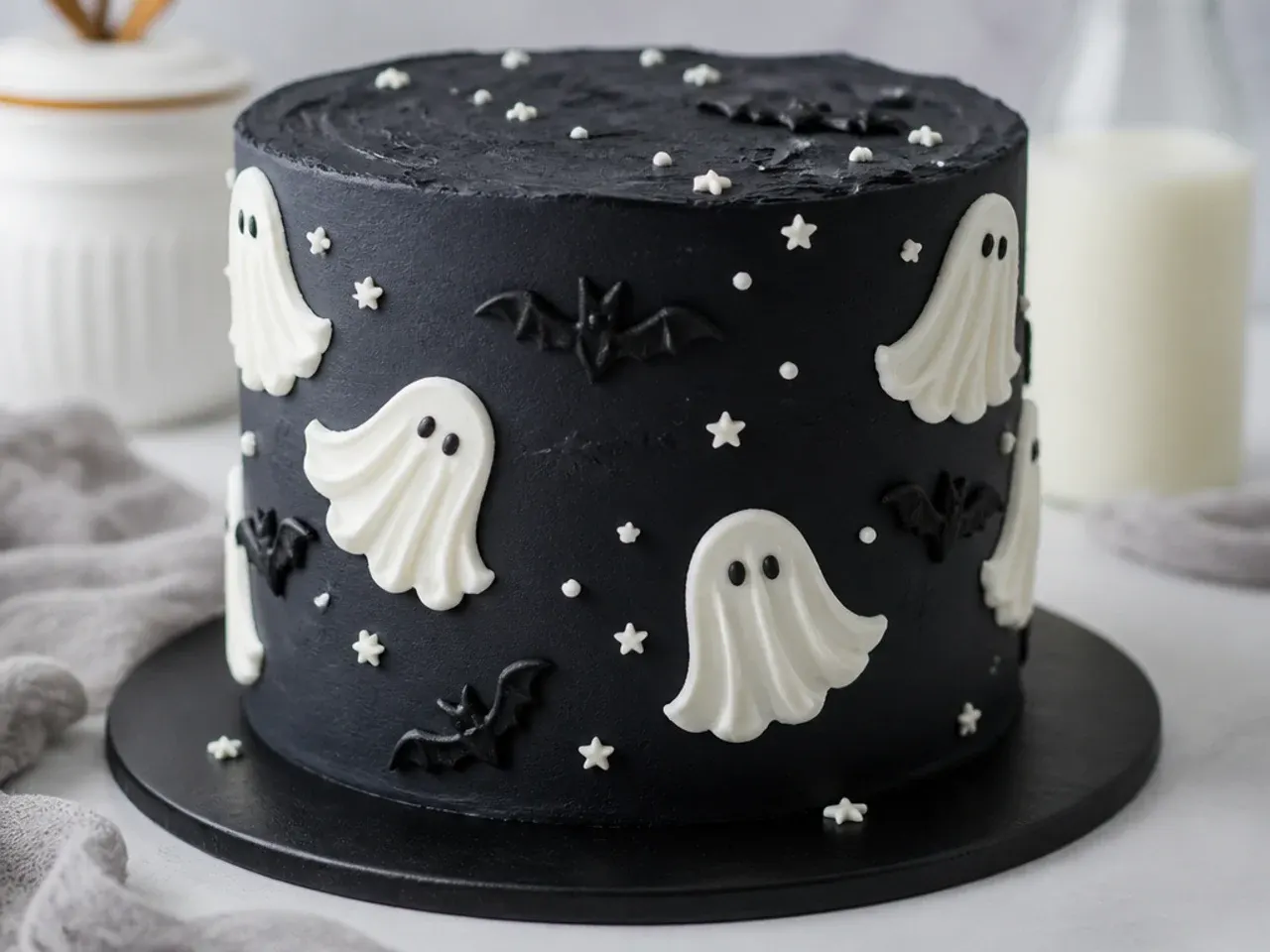Whimsical black Halloween cake design with piped ghosts and bats