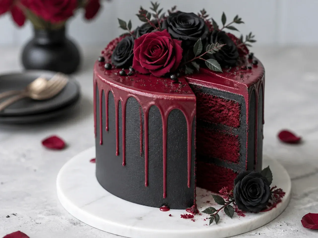 Bold black and deep red velvet contrast cake design with roses