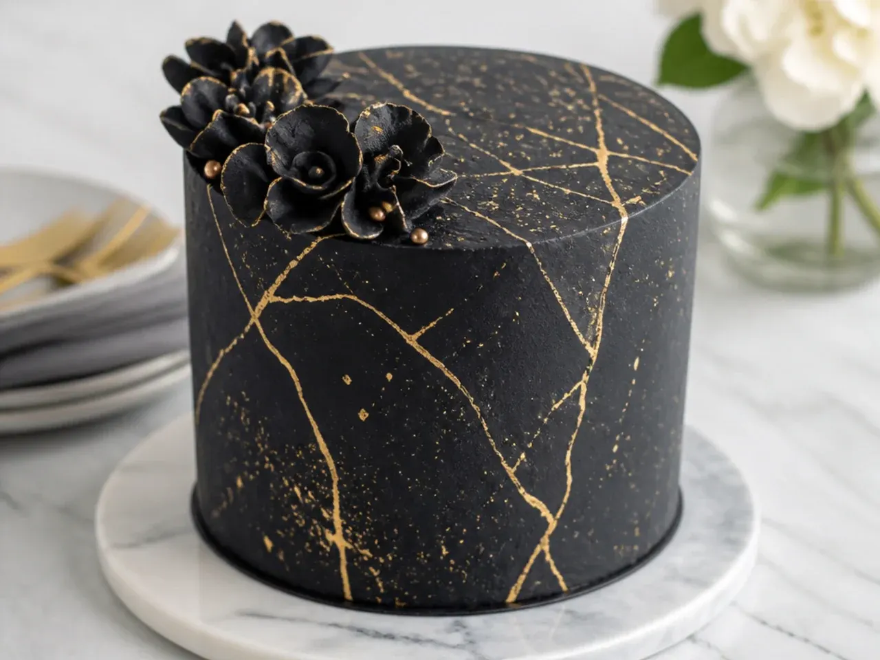 Creative black marble cake design with gold veining