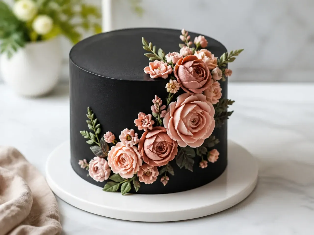 Charming black cake design with blush buttercream floral cluster