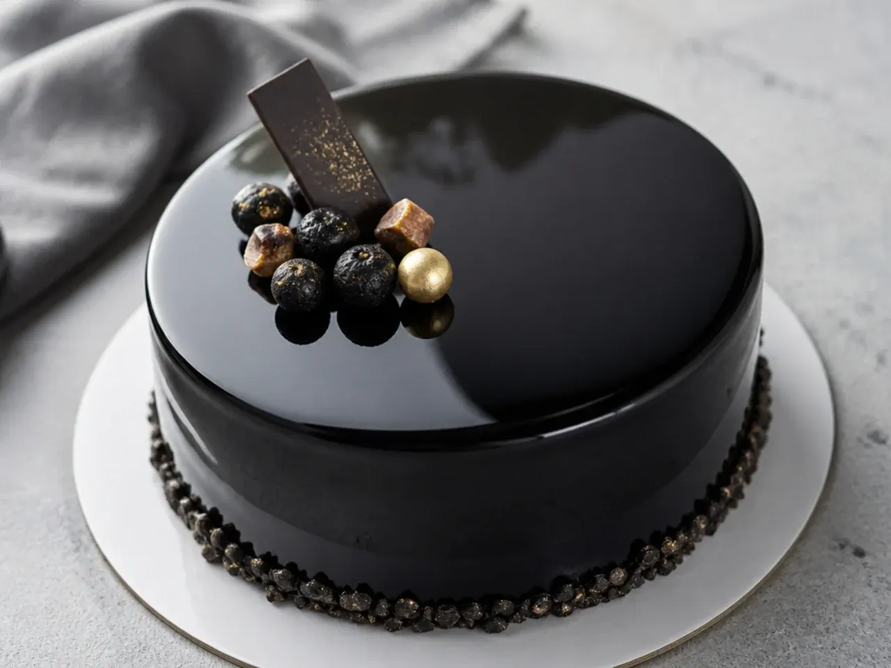 Black mirror glaze cake design with high-gloss reflective finish