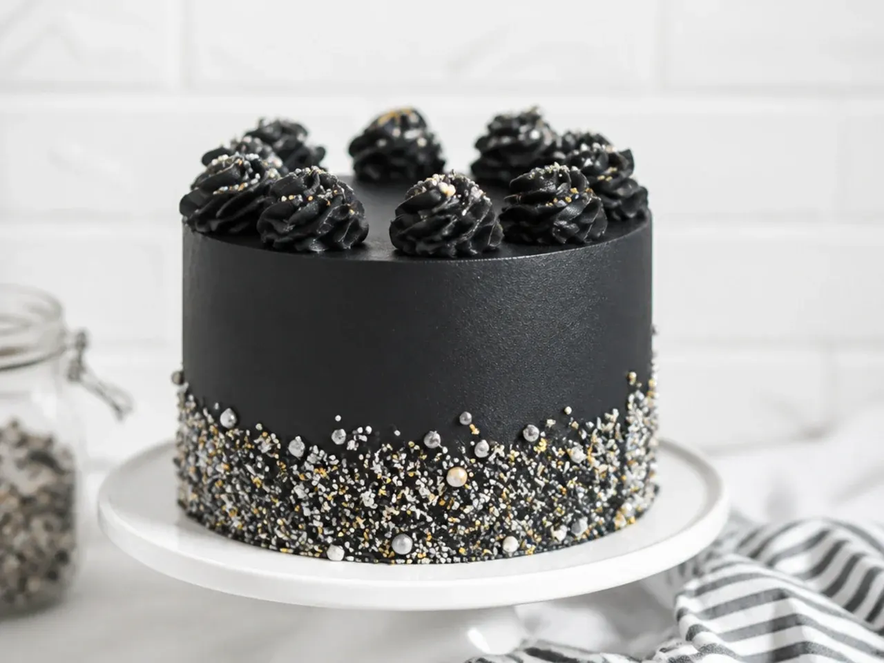 Easy black party cake design with pressed sprinkle base