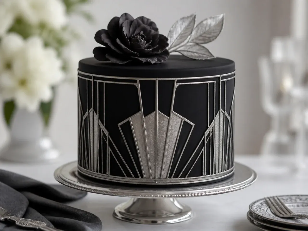 Elegant black and silver art deco cake design with geometric lines