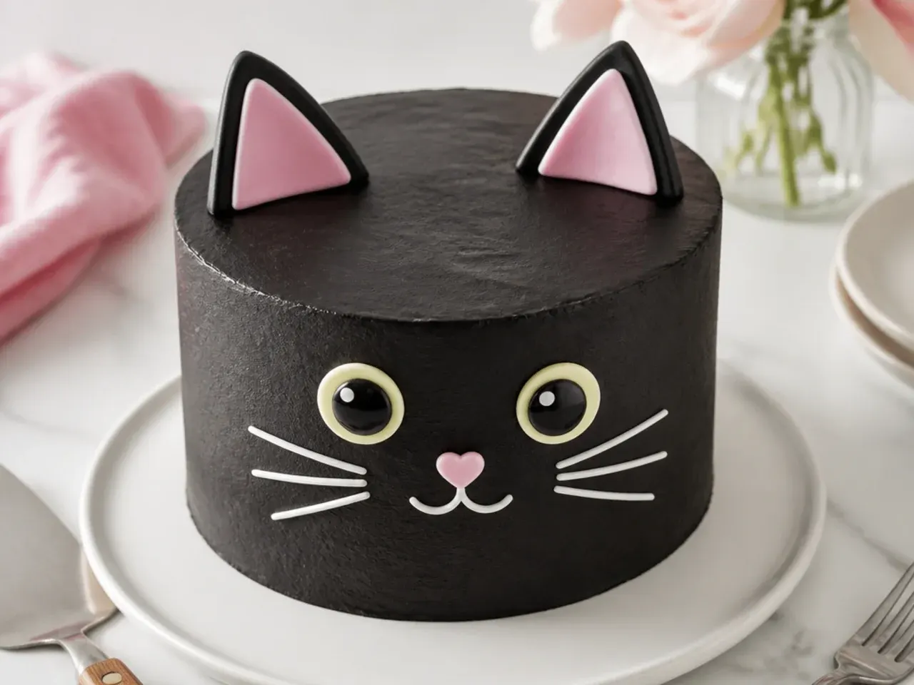 Playful black cat character cake design with fondant ears