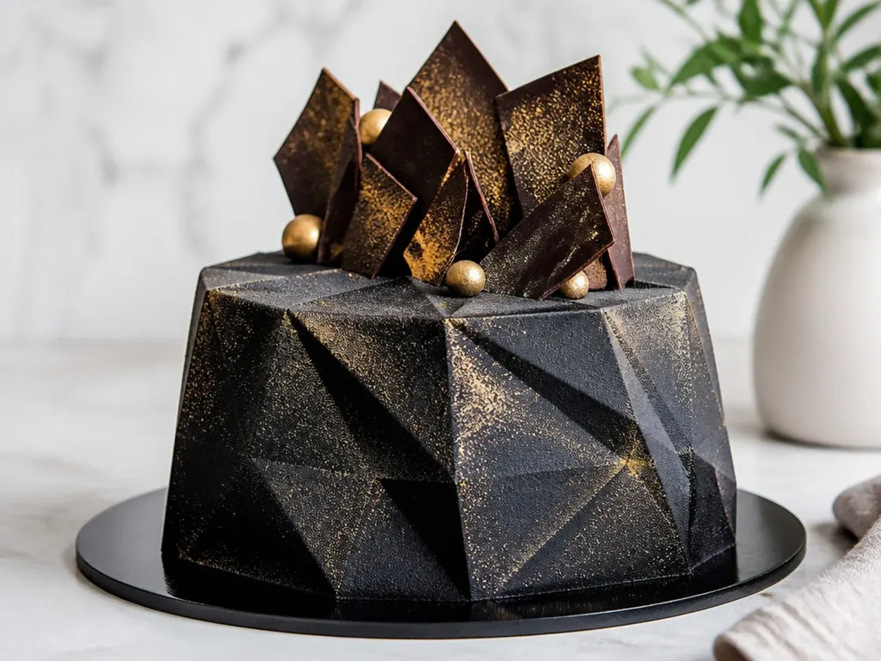 Modern black geometric cake design with gold-dusted chocolate shards