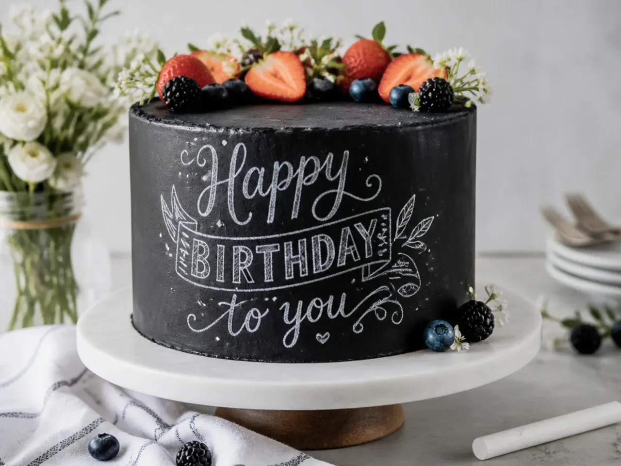 Rustic black chalkboard cake design with white hand-lettering