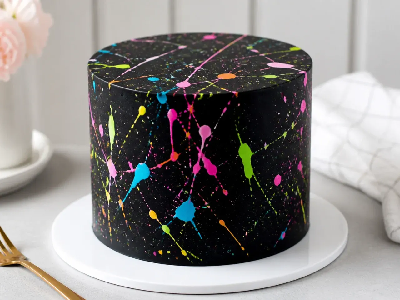 Colorful black cake design with neon paint splatter effect