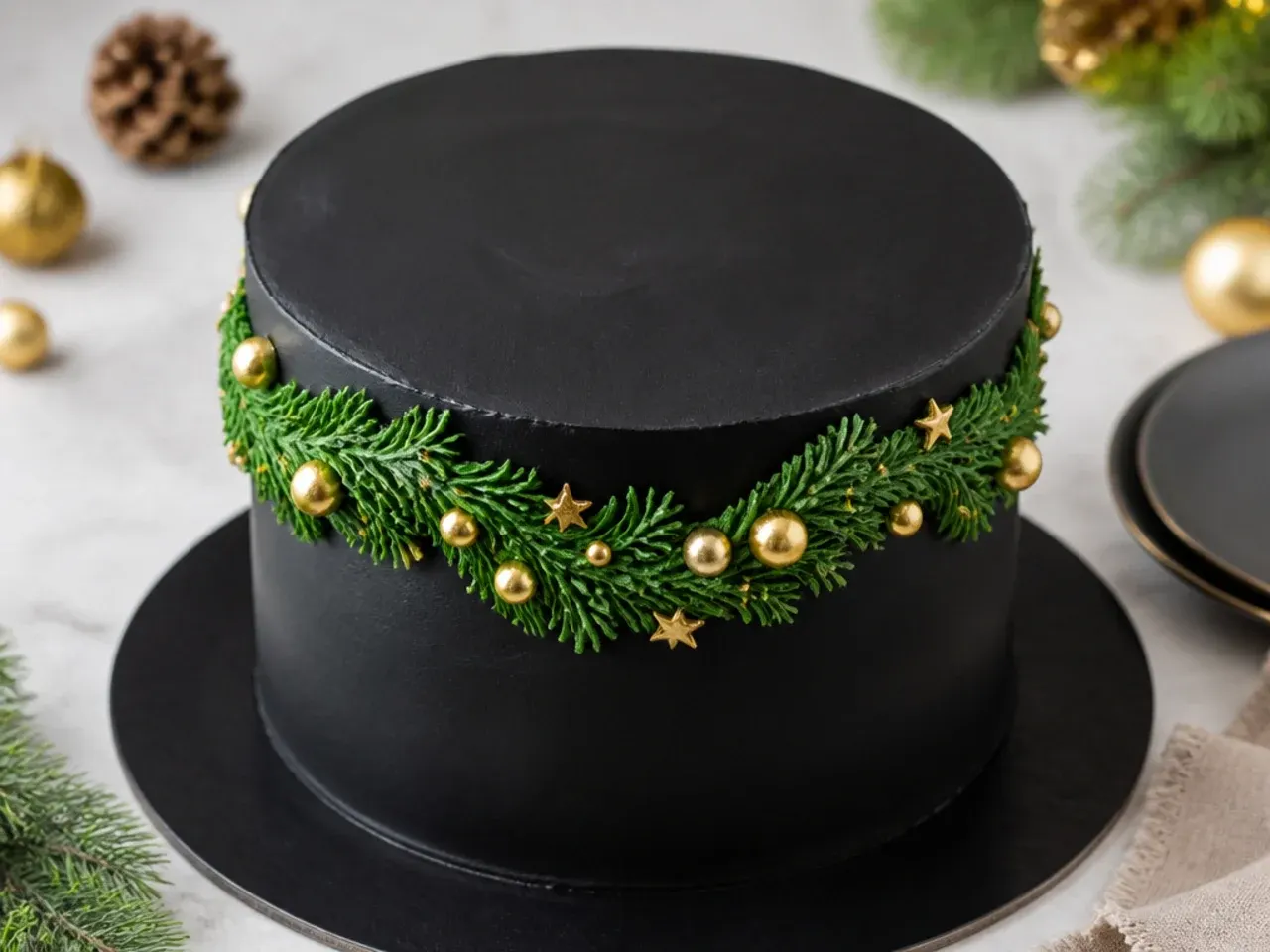 Festive black Christmas cake design with green garland and gold