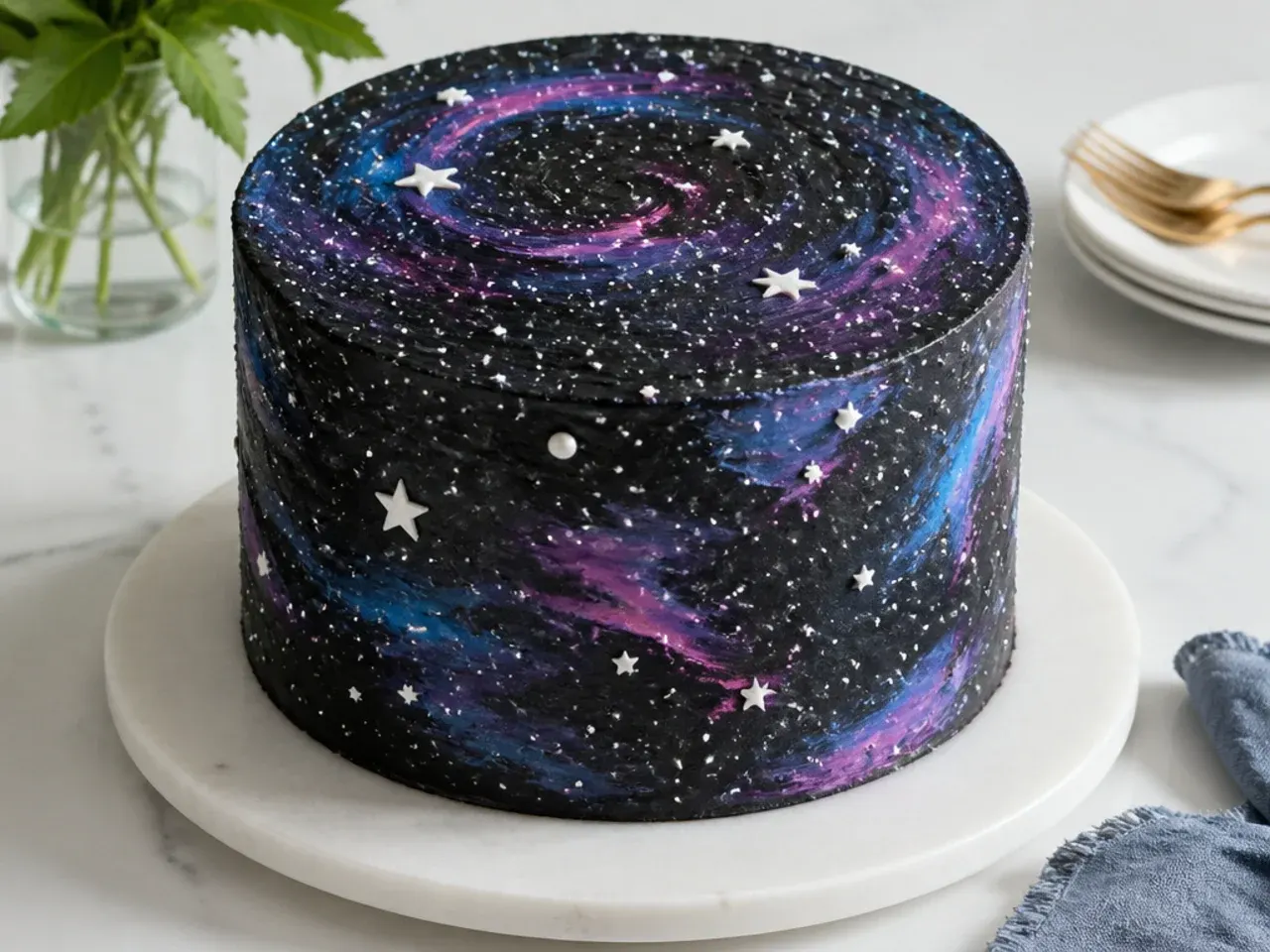 Whimsical black galaxy cake design with nebula colors and stars