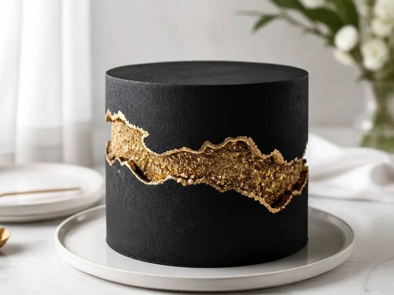 Bold black fault-line cake design revealing a gold sparkle band