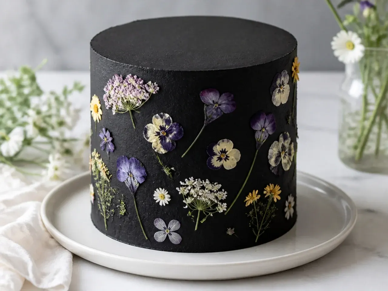 Delicate black cake design with scattered edible pressed flowers