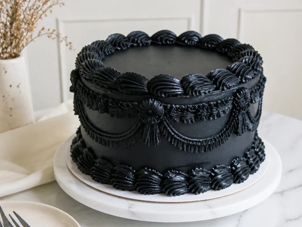 Vintage black Lambeth-style cake design with tonal overpiping