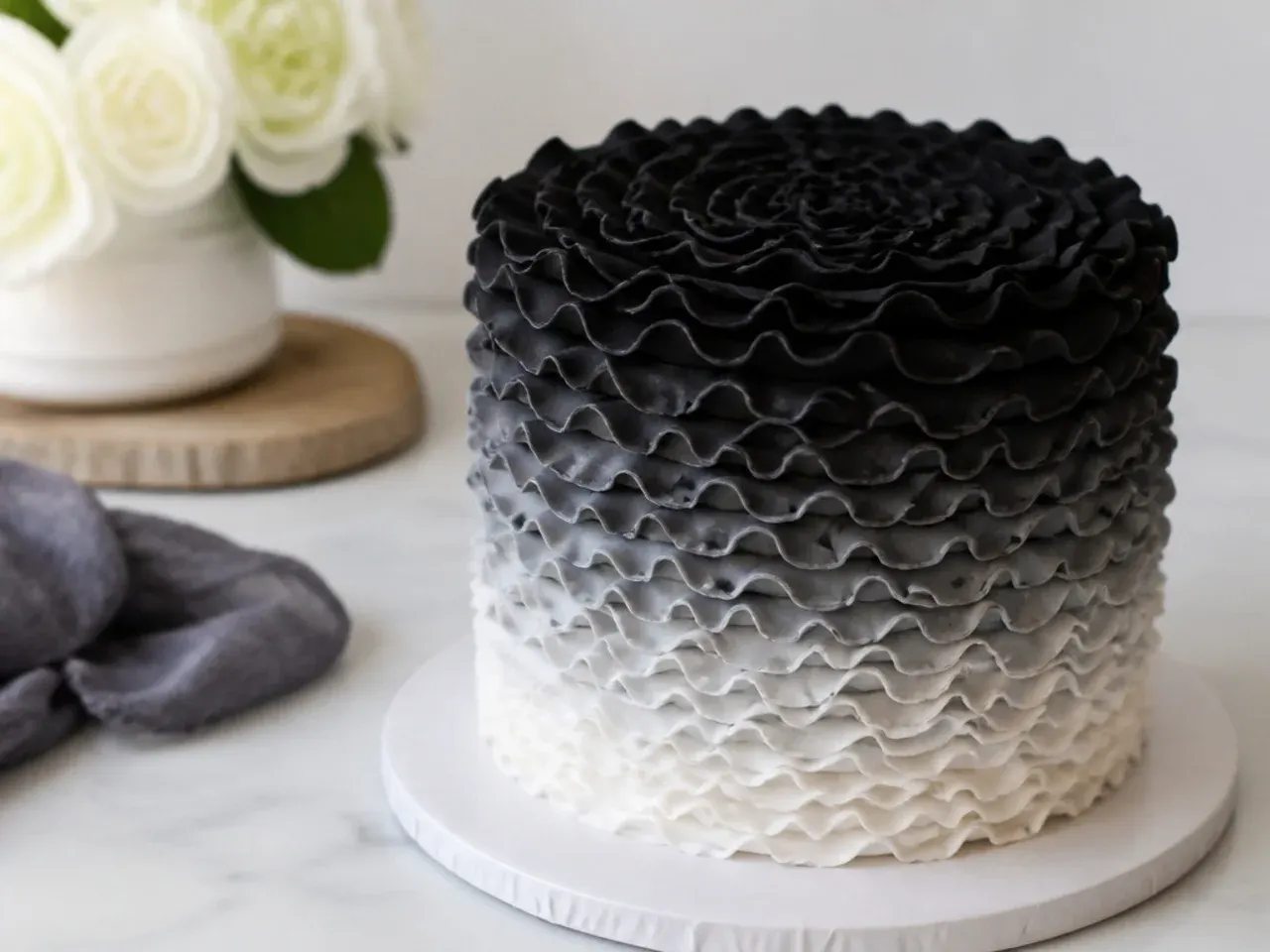 Creative black ombre ruffle cake design fading to grey and white