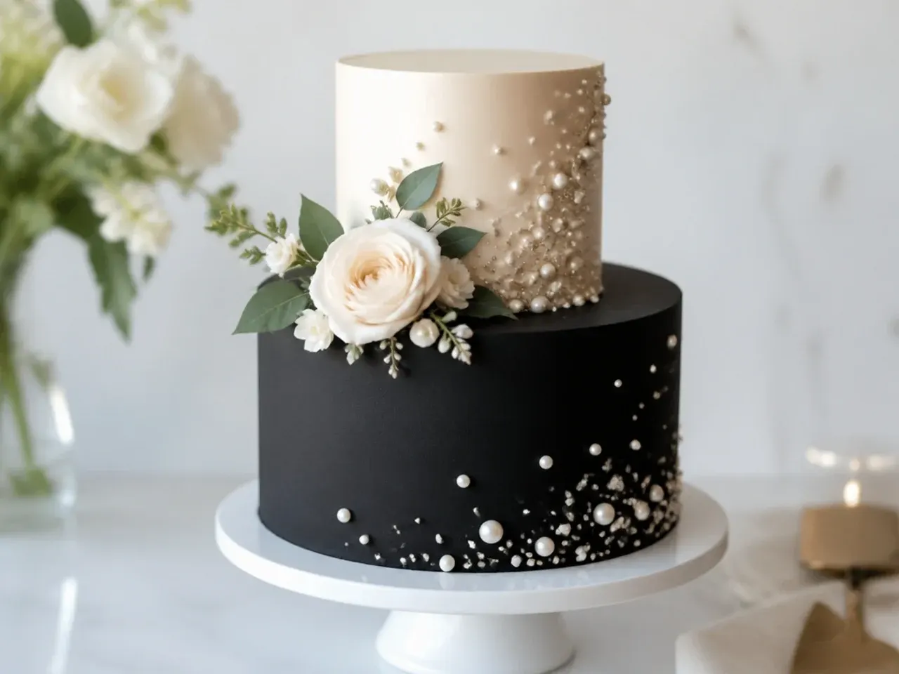 Charming black and pearl wedding cake design with sugar dragees